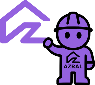 Mascotte AZRAL tenant le logo AZRAL Rénovation