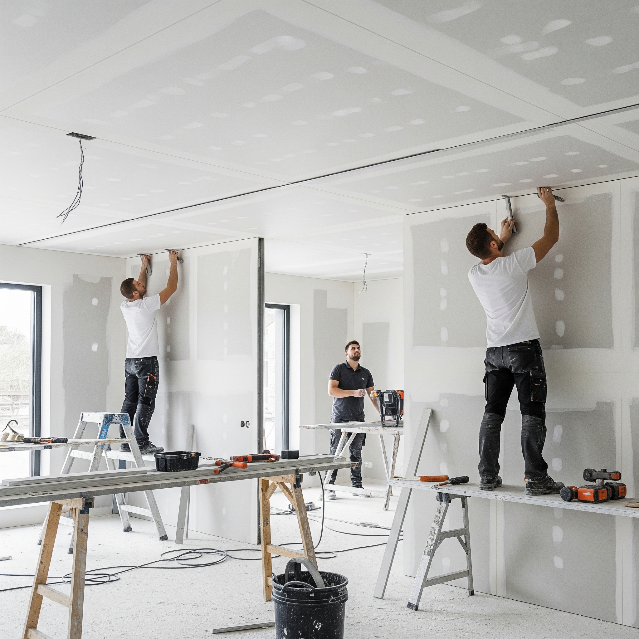 Installation de cloisons et faux-plafonds en plâtrerie