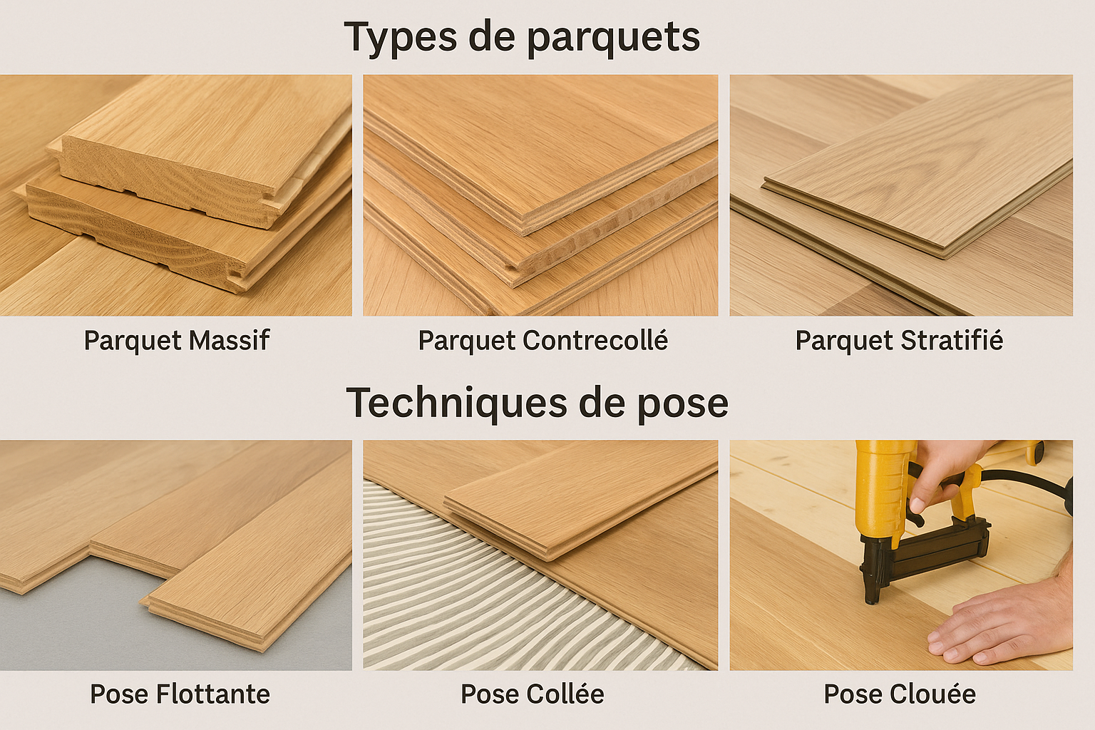 Types de parquets bois : massif, contrecollé, stratifié