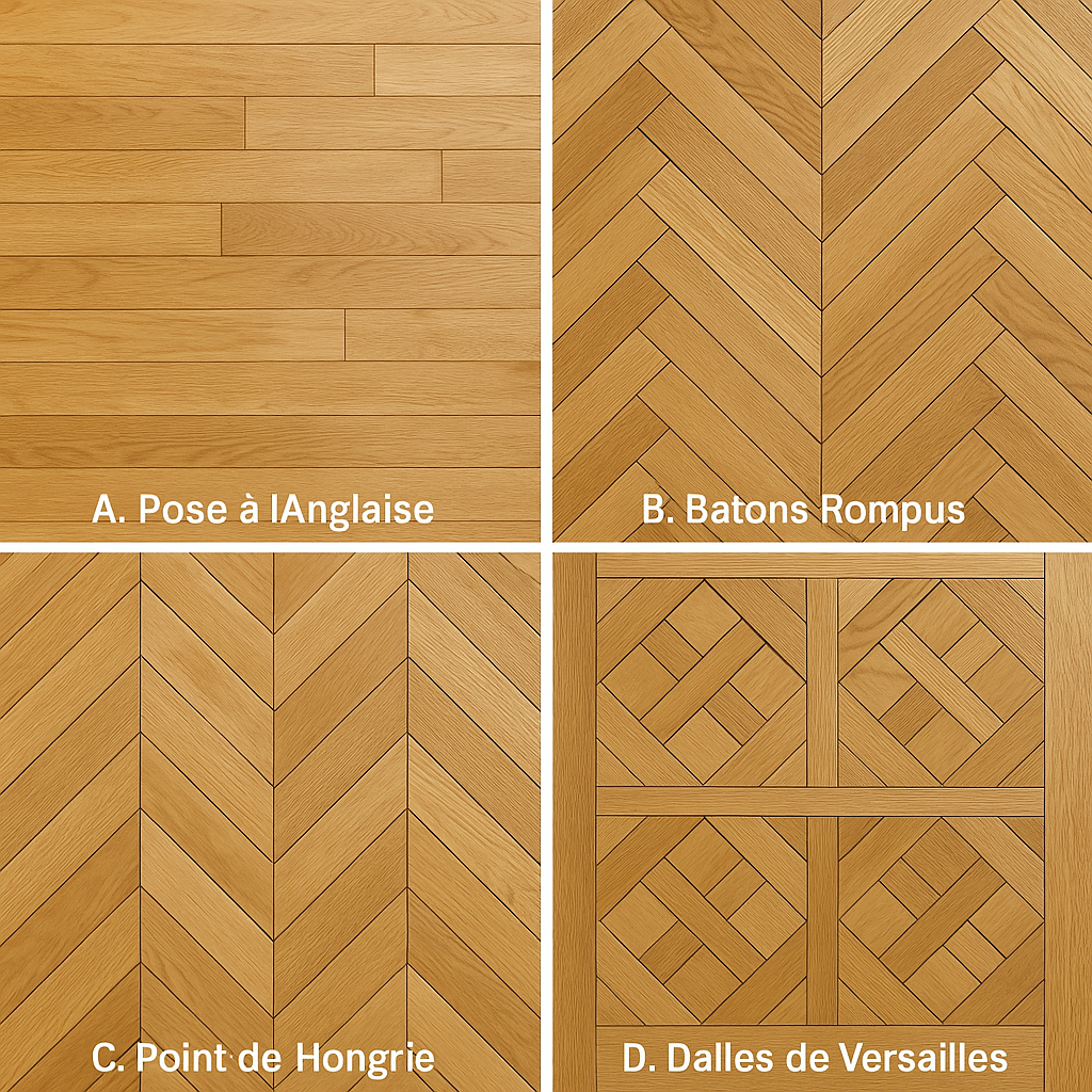 Différents motifs de pose de parquet : Point de Hongrie, Bâtons Rompus
